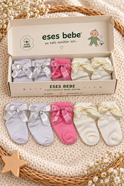 ESES BEBE Set of 5 Cotton Baby Socks, with Bow Detail, Pastel Colors