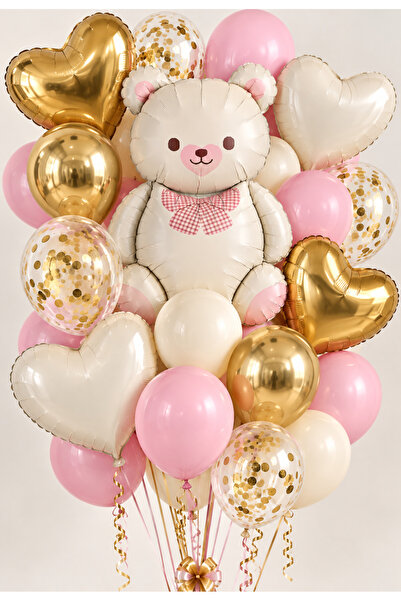 baloss fer Pembe Ayıcık Gold Deluxe Balon Seti 25 Parça Pembe Krem Krom Gold ...