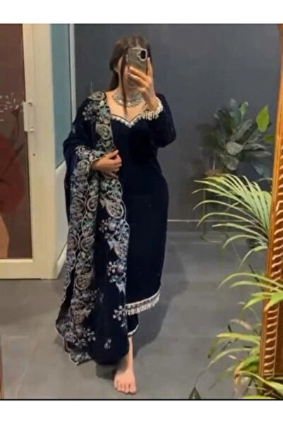 MYSMAR Navy Blue Viscose Velvet Embroidered Three-Piece Suit Set - HRT9352 | ...