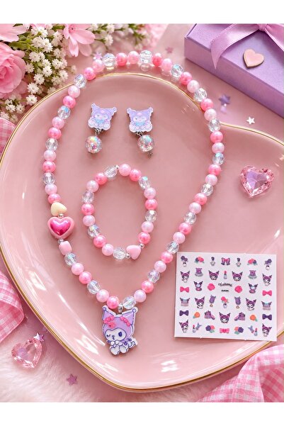 Genel Markalar Kız Çocuk Takı Seti Pembe Boncuklu Kolye Bileklik Küpe Sticker...