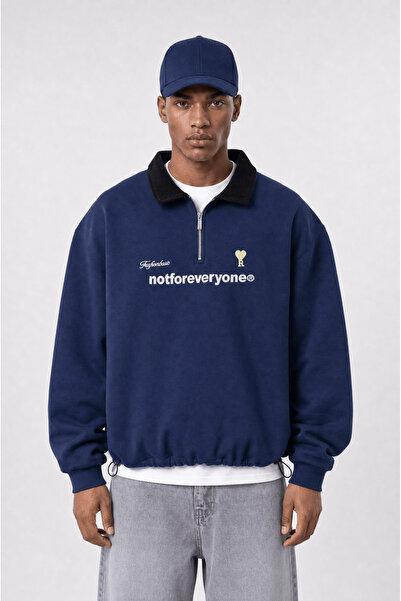Respire Erkek Not For Everyone Nakışlı Polo Yaka Oversize Sweatshirt Lacivert
