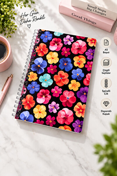 Kamenca Renkli Çiçek Desenli 80 Yaprak A5 Spiralli Telli Çizgili Defter – Tas...