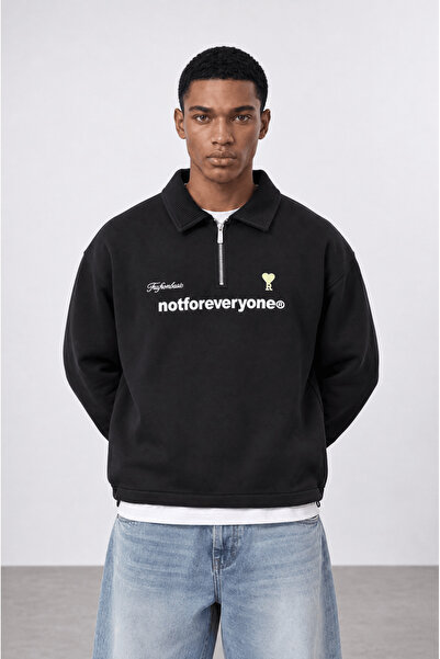 Respire Men's Not for Everyone Embroidered Polo Collar Oversize Sweatshirt Black