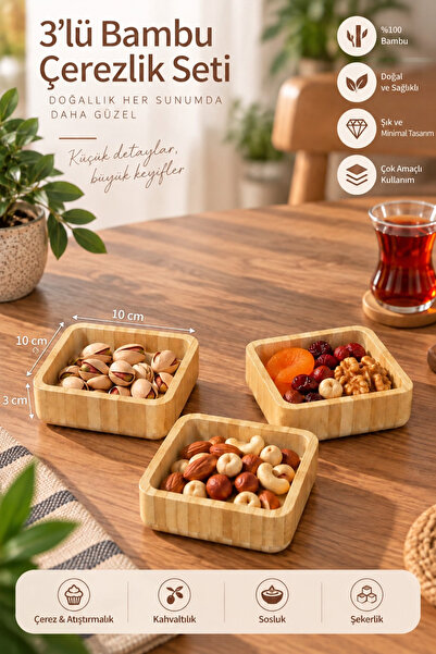 GUGGA Doğal Bambu 3’lü Çerezlik Seti 10 cm – Kuruyemiş, Sos ve Kahvaltılık Su...