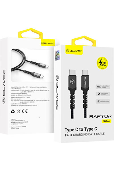 Blavec Raptor Πλεγμένο Καλώδιο USB 2.0 USB-C Αρσενικό - USB-C 60W PD Μαύρο 1μ