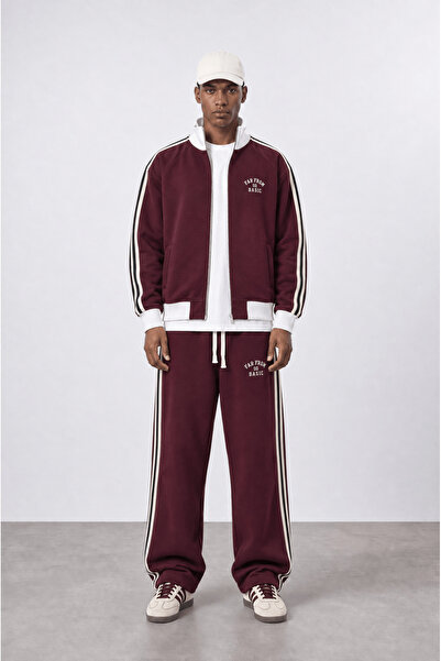 Respire Men's Far from Basic Stripe Detailed Doubleface Tracksuit Set Claret Red