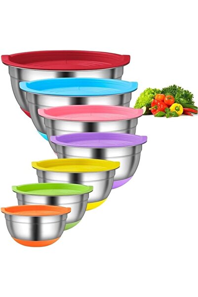 Generic طقم أوعية ستانلس ستيل قابلة للتكديس من 7 قطع مع أغطية، وعاء خلط بقاعد...