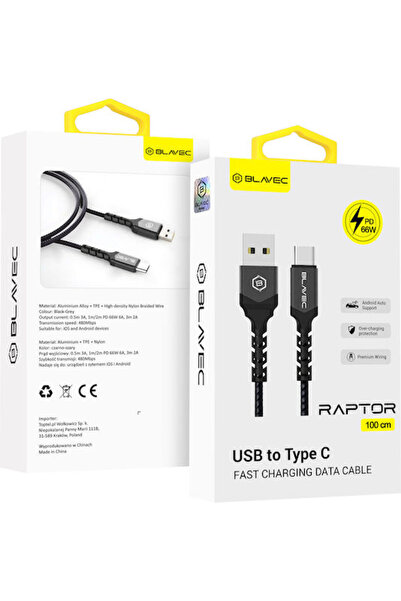 Blavec Raptor Πλεγμένο Καλώδιο USB 2.0 USB-C Αρσενικό - USB-A 66W PD Μαύρο 1μ