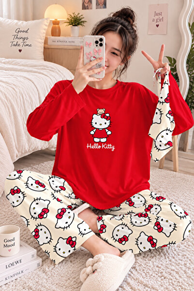 Silona Homewear طقم بيجامة نسائية من Bahd Hello Kitty 2 باللون الأحمر فائق ال...