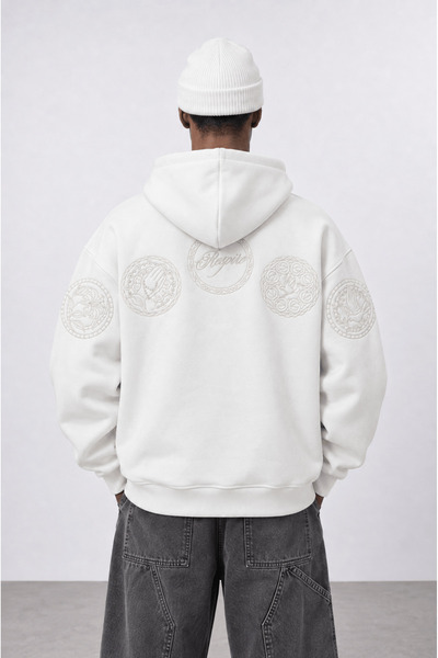 Respire Erkek Rosette Nakışlı Oversize Hoodie Ekru