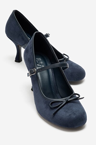 LuviShoes ACLAND Lacivert Süet Fiyonklu Kadın Topuklu Ayakkabı