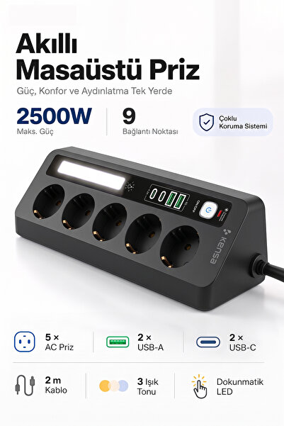 Kensa Akım Korumalı Dokunmatik LED Işıklı Priz 5'li + 2X USB-A + 2X USB-C (2 ...
