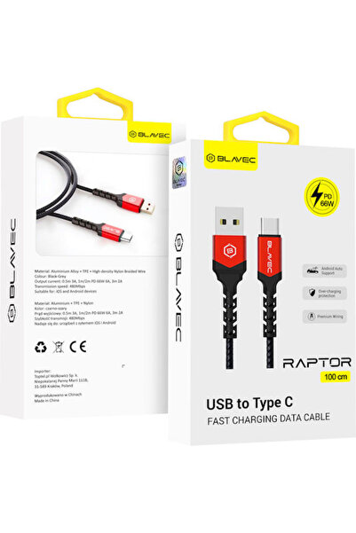 Blavec Raptor Πλεγμένο Καλώδιο USB 2.0 USB-C Αρσενικό - USB-A 66W PD Μαύρο 1μ