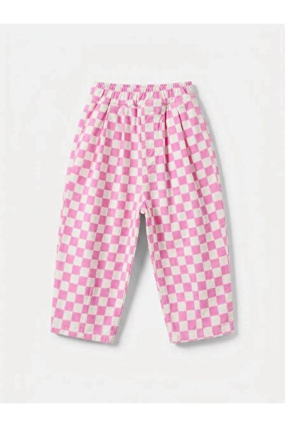 tuanakidswear Kız çocuk pembe beyaz damalı balloon jeans kot kumaşlı pantolon