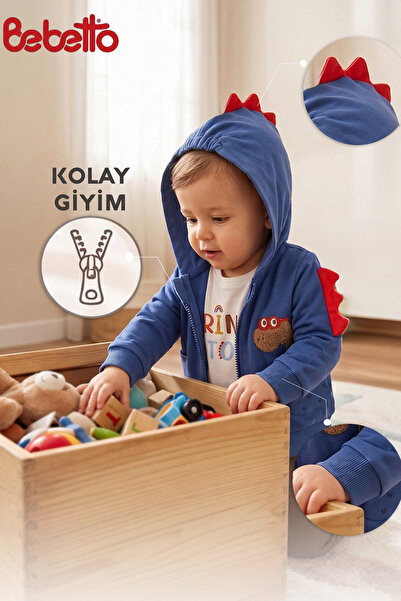 Bebetto Two-Strap Hooded Cardigan 3-Piece Set (Dino/26) Indigo