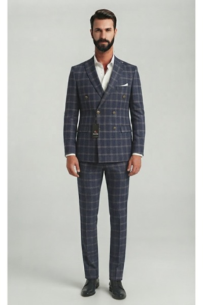 SABRİ ZENGİN Men's Indigo Plaid Patterned Slim Fit Double Breasted Suit