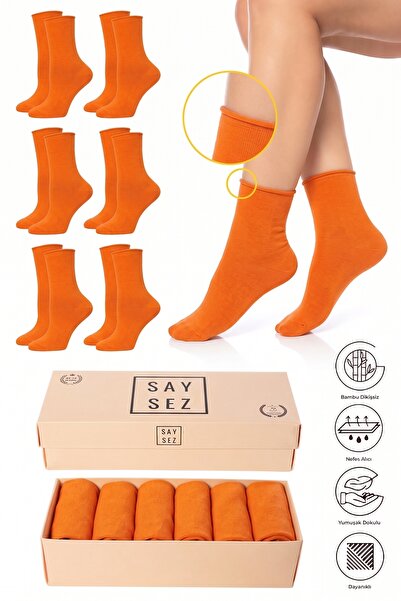 SAYSEZ Bamboo Women's Elasticless Orange Seamless Premium Socks Boxed 6-Piece...