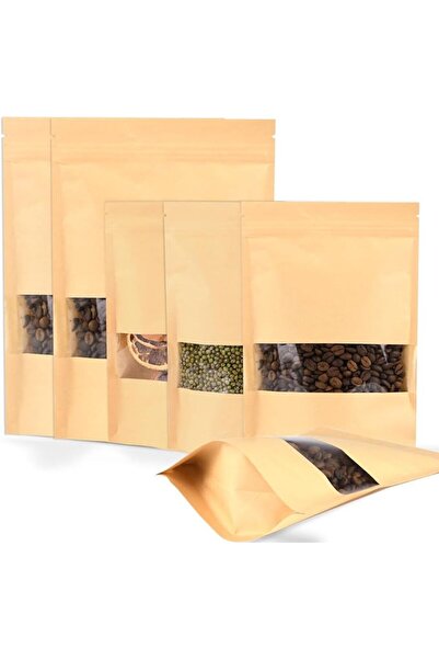 SWIHELP 200 Pcs Kraft Paper Food Bags with Window Stand Up Pouches, Zip Lock ...