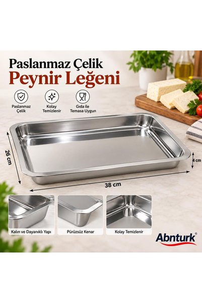 abnturk 38x26x4cm Paslanmaz Çelik Dikdörtgen Peynir Leğeni-Dayanıklı Kullanış...