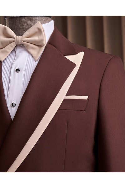 TerziAdemAltun Slim Fit Men's Lapel Detailed Jacket Pants Combination Suit Brown T20148-03