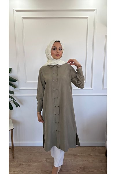 Moda Misali Çift Sıra Çıtçıtlı Tensel Uzun Tunik