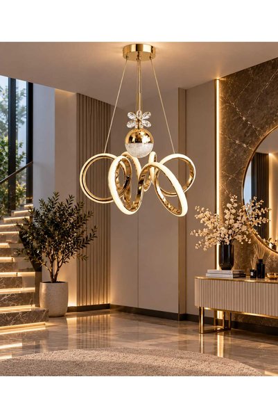 Şaheser Lale Modern LED Avize – Şık Tasarım Gold Sarkıt Salon, Oturma Odası v...