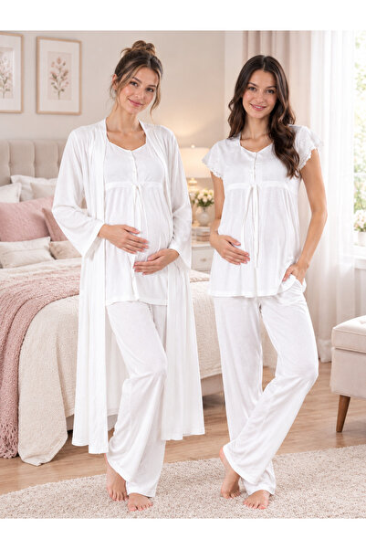 by İGP Ecru Cotton Maternity Pajama Set with Adjustable Waist Effortt