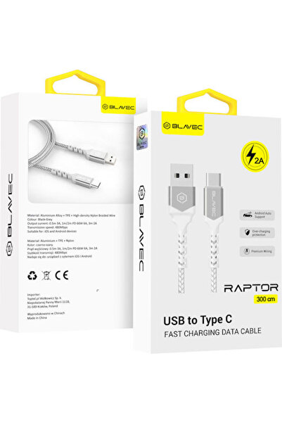 Blavec Raptor Πλεγμένο Καλώδιο USB 2.0 USB-C Αρσενικό - USB-A 66W PD Λευκό 3μ