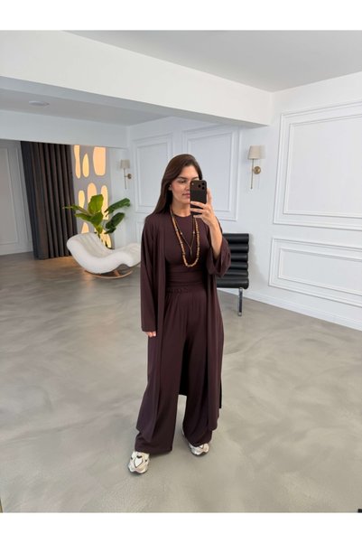 Elif Özbey Butik Kahve Üçlü Likralı Modal Takım