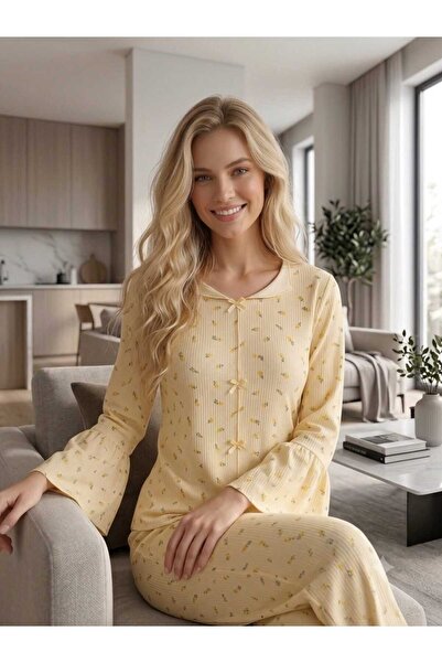 Asel Women's Long Sleeve Patterned Bow Detailed Camisole Fabric Pajama Set