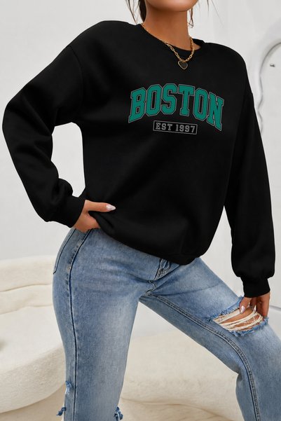 COZALAG Kadın Boston Es 1997 Baskılı Özel Tasarım Rahat Kalıp Bisiklet Yaka S...