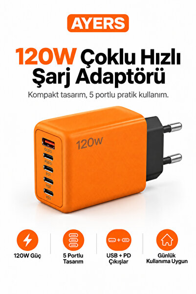 Ayers 120W 5 Portlu Çoklu Hızlı Şarj Adaptörü, 1 USB-A + 4 Type-C Çıkışlı, PD...