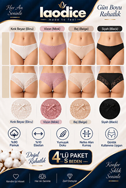 AC BOX Kadın Dantelli Bikini Külot 4'lü Paket Pamuklu İç Çamaşırı
