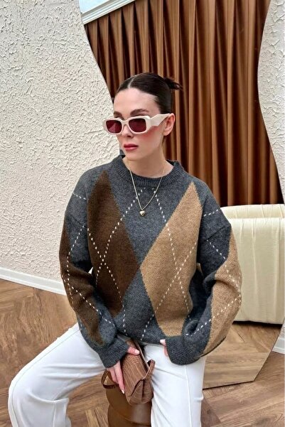 Dier Moda Women's Dark Gray Crew Neck Baklava over Size Baklava Patterned Kni...