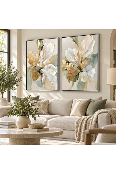 Markazip Altınlı Bahar Çiçekleri Metal Çerçeveli 50x70cm İkili Kanvas Tablo L...