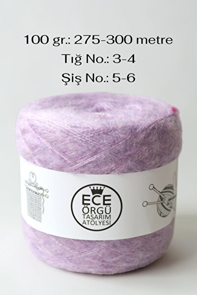 Ece Örgü Tasarım Atölyesi Lilac Color Two-Layer Angora with One Layer of Lilac Glitter Mix Design Knitting Yarn Set (Total 500 Gr.)