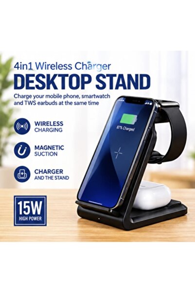 Generic 4-in-1 Wireless Charging Desktop Stand | 15W High-Power Charger & Stand
