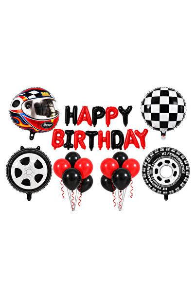 genaja Set baloane Happy Birthday Racing cu pompă, roșu-negru, cască moto, ro...