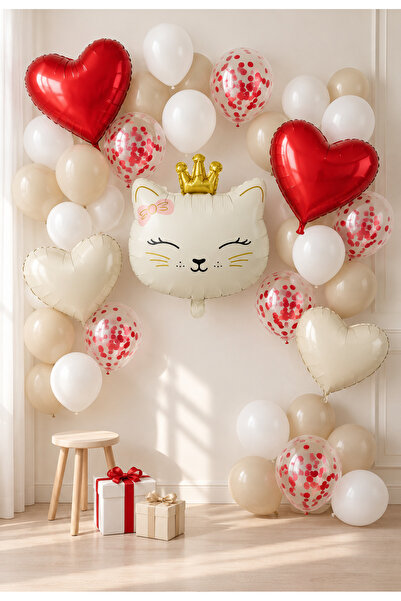 baloss fer Beyaz Kum Rengi Kırmızı Kalpli Krem Kedi Deluxe Balon Seti 30 Parç...