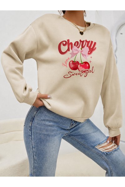 COZALAG Kadın Cherry Sweet Girl Baskılı 2 İplik Şardonlu Rahat Kalıp Bisiklet...