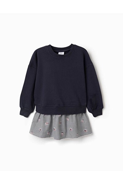 Ziddy Dual-Fabric Cotton Dress With Gingham Pattern For Girls, Navy Blue