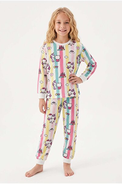 bunny hopp Kız Çocuk Uzun Kollu Pijama Takımı %100 Pamuk Renkli Çizgili Unico...
