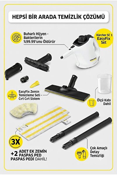 Karcher SC 1 EasyFix Kompakt Buharlı Temizleyici ve Zemin Mopu 1200 W + Yedek...