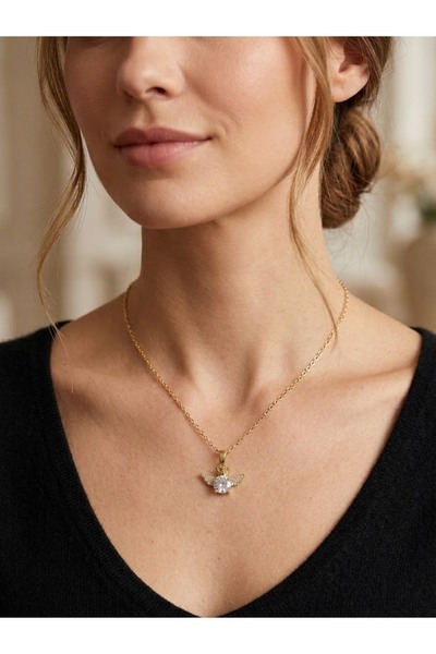MODA Women's Gold Crown Figured Angel Wing Zircon Stone Sparkling Necklace