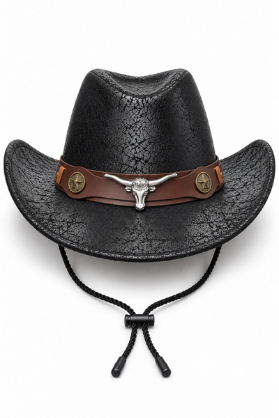 CosmoOutlet Unisex Cowboy Hat Leather Look Metal Bull Figure Drawstring Weste...
