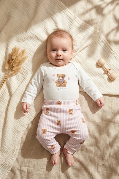 ANP MODA TASARIM Baby Girl 100% Cotton Pink Bear Patterned 2-Piece Set - Long...