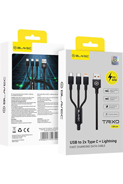 Blavec Πλεκτό Καλώδιο USB σε Lightning / Type-C 3Α Μαύρο 1.3μ
