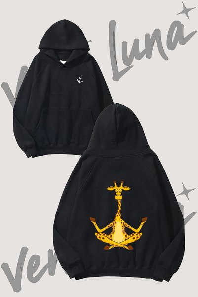 Vento Luna Giraffe Meditation Design Back Printed Black Hooded Sweatshirt