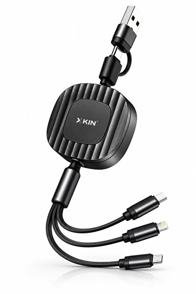 XKIN Makaralı Toplanabilir Telefon Şarj Kablosu Android iPhone Micro USB 3'lü 1M