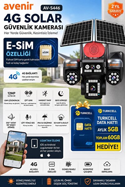 AVENİR AV-S446 4G SIM KARTLI SOLAR GÜVENLİK KAMERASI 12MP PTZ 3 HAREKETLİ LEN...